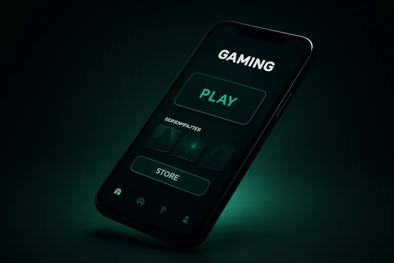 Sleek modern smartphone showing dark themed premium gaming app UI