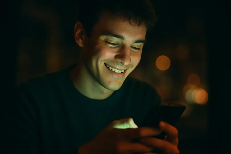 Young man smiling at smartphone with green and gold screen light