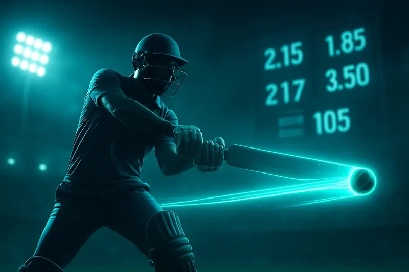Cricket batsman swinging powerfully with neon speed trail and digital odds scoreboard