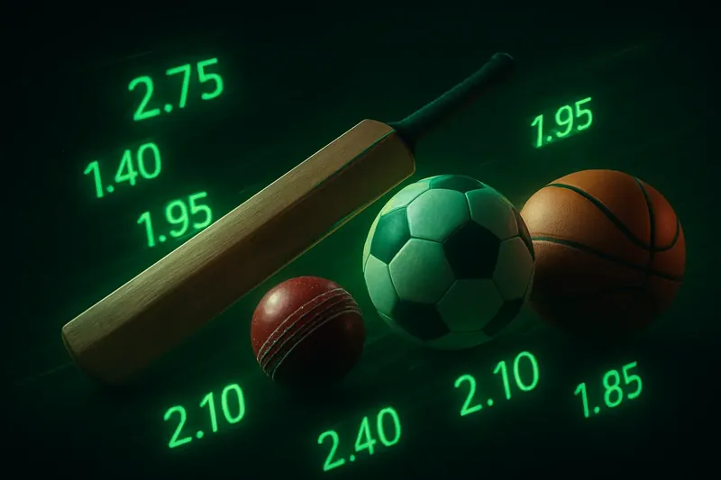 Cricket bat and ball, football, and basketball with digital betting odds