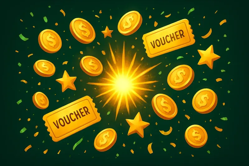 Explosion of bonus rewards with golden coins, vouchers, stars and confetti