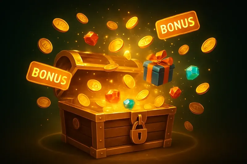 Golden treasure chest exploding with coins, gems, gifts and glowing bonus tags