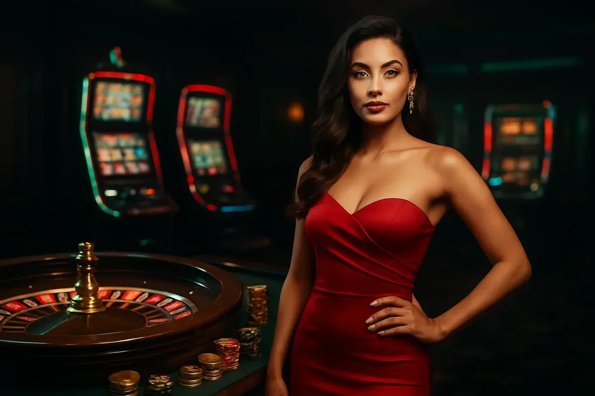 Bangladesh Casino Banner Bangladesh casino banner with elegant woman in red dress near roulette and slot machines