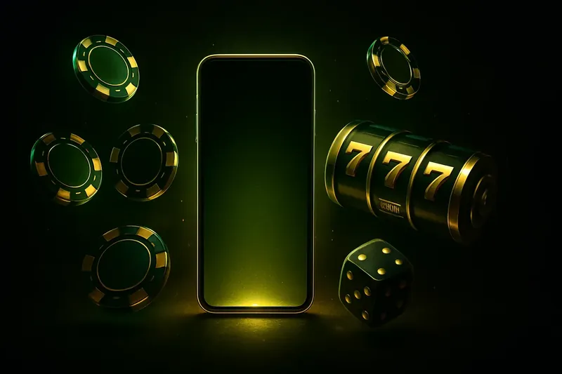 Panoramic banner with glowing smartphone, casino chips, slot reels and dice