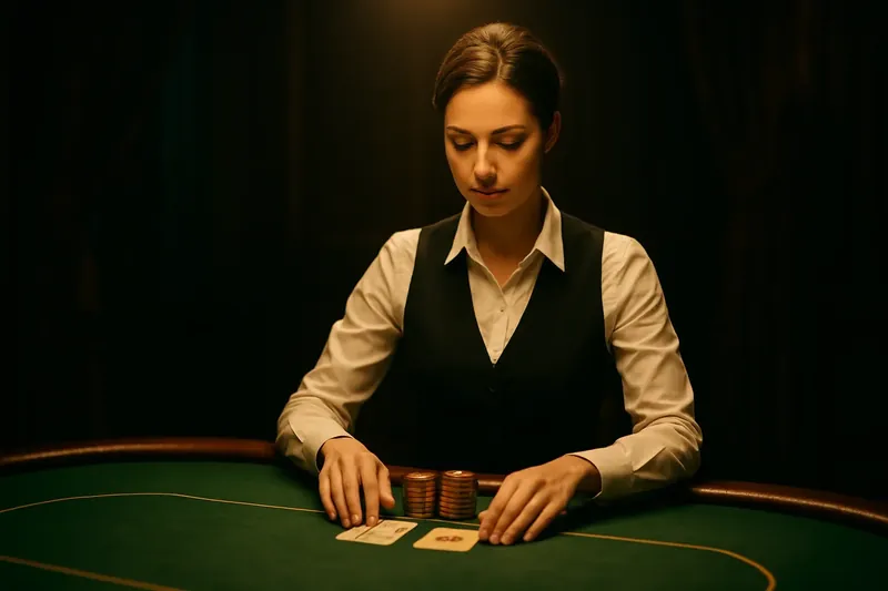 Professional female live casino dealer at green felt table with golden chips