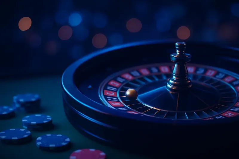 Close-up live roulette wheel spinning with golden ball and casino chips