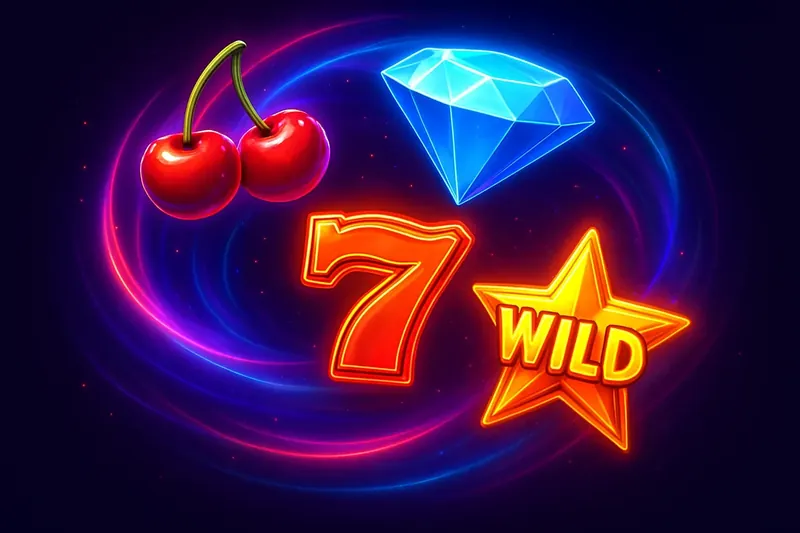 Colorful slot game symbols with neon glow on dark luxurious background